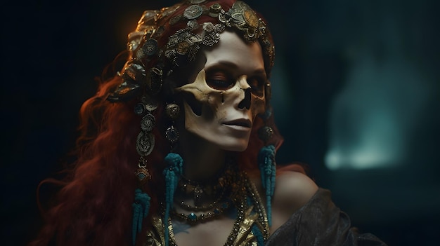 Een vrouw met een schedel op haar hoofd en een gouden kroon op haar hoofd.