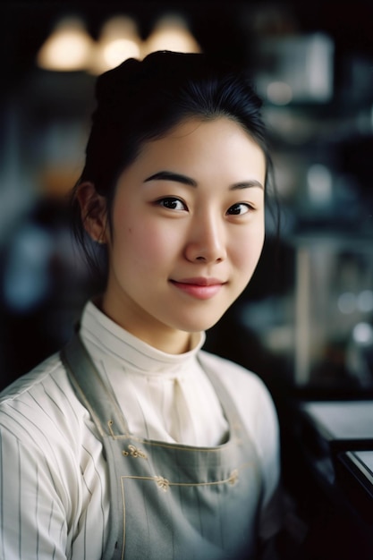 Een vrouw met een schort aan met het woord restaurant erop