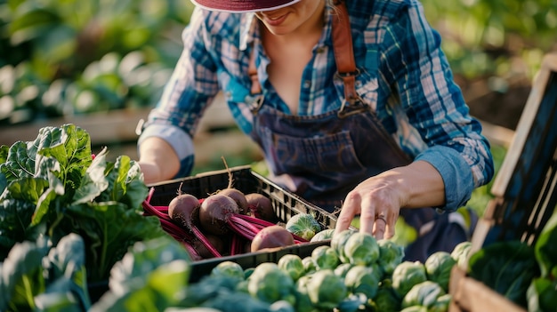 Een vrouw met een schort en hoed plukt zorgvuldig rijpe groenten in een tuin