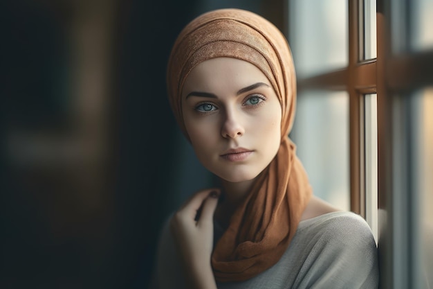 Een vrouw met een sjaal om haar hoofd kijkt uit een raam.