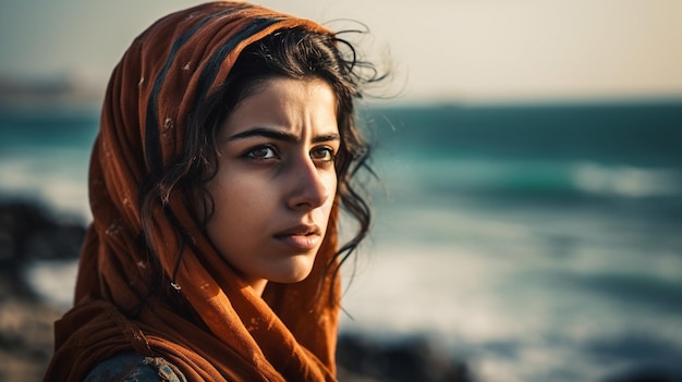 Een vrouw met een sjaal om haar hoofd kijkt uit over de oceaan.