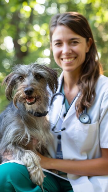 Foto een vrouw met een stethoscoop luistert zorgvuldig naar de hartslag van een hond