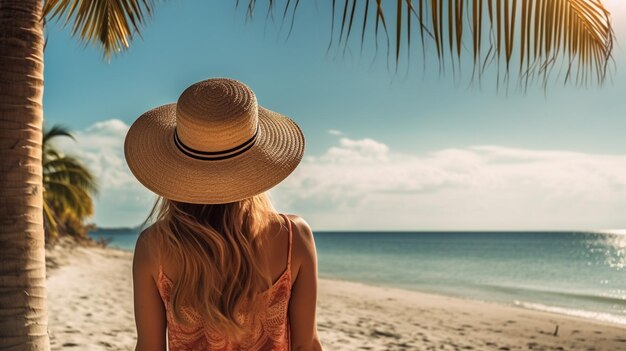 een vrouw met een strohoed kijkt uit naar de oceaan