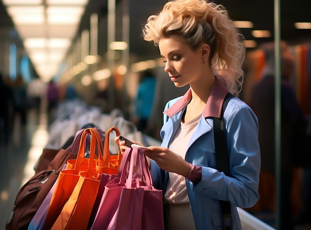 een vrouw met een tas waarop aan de telefoon 'shoppen' staat