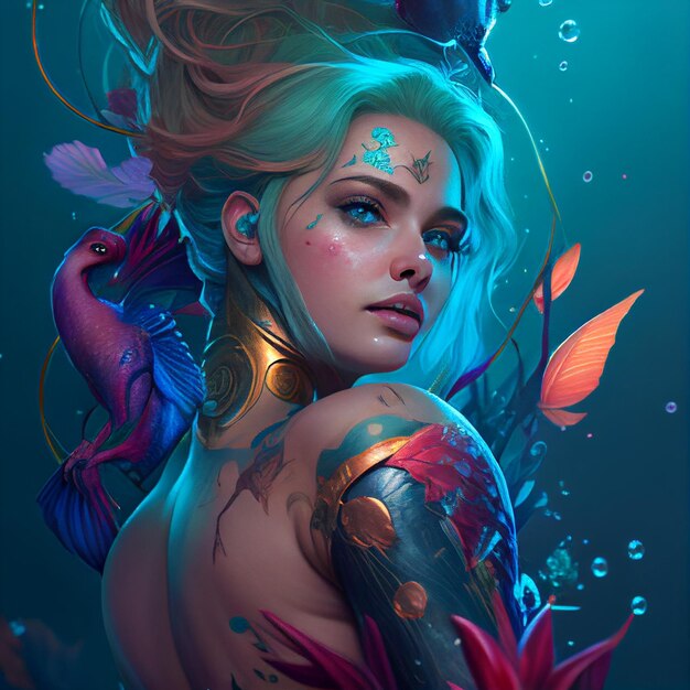 Een vrouw met een tatoeage op haar arm en een vis op haar schouder.