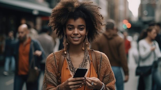 Een vrouw met een telefoon in haar hand loopt door een drukke straat.