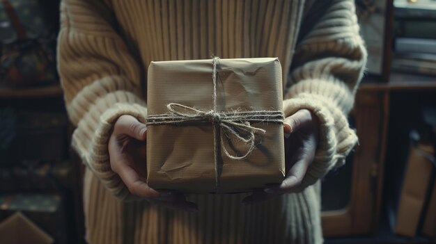 Foto een vrouw met een verpakt geschenk in haar handen.