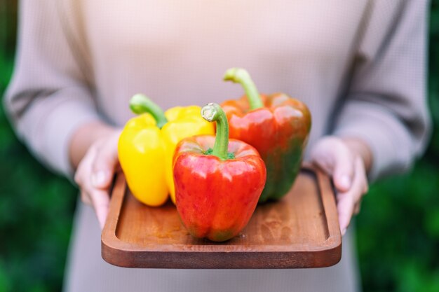 Een vrouw met een verse paprika in een houten dienblad