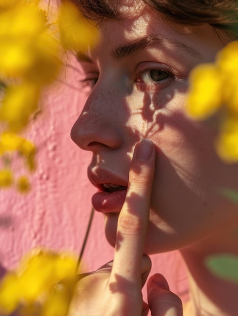 een vrouw met een vinger in haar mond roze muur