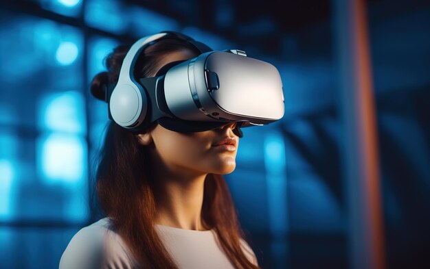 Een vrouw met een virtual reality bril draagt een virtual reality headset.