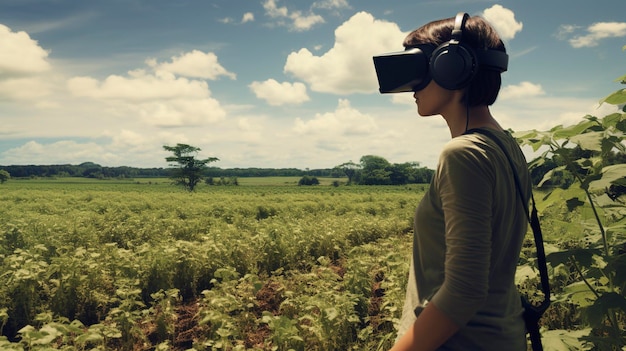 Een vrouw met een virtual reality bril kijkt uit over een veld van bomen.