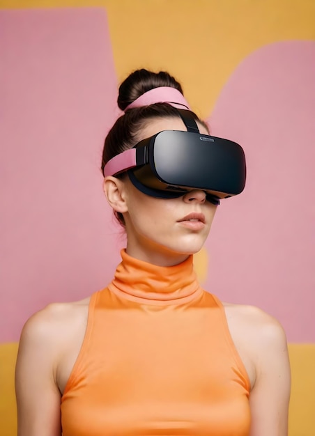 Foto een vrouw met een virtual reality headset draagt een paar virtual reality bril