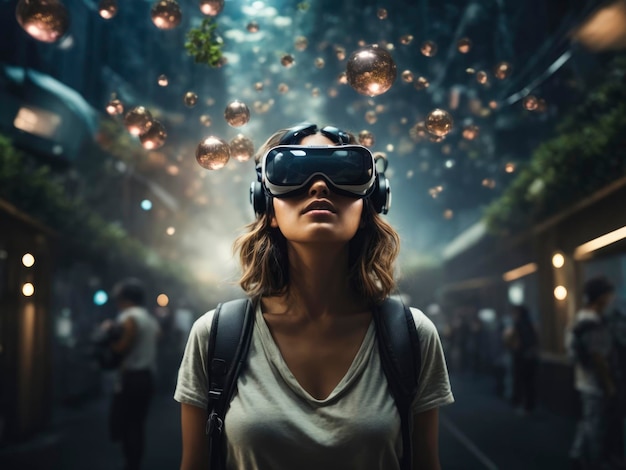 een vrouw met een virtual reality-headset in een donker steegje waar bubbels boven haar zweven