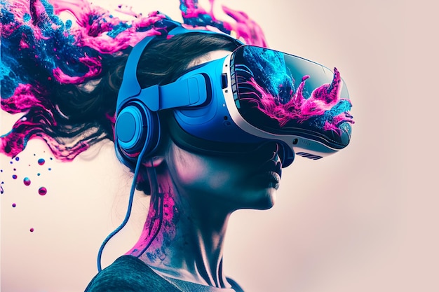 Een vrouw met een virtual reality-headset met een roze bloem op de voorkant.