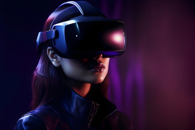 Een vrouw met een virtual reality headset staat voor een paarse en roze achtergrond.