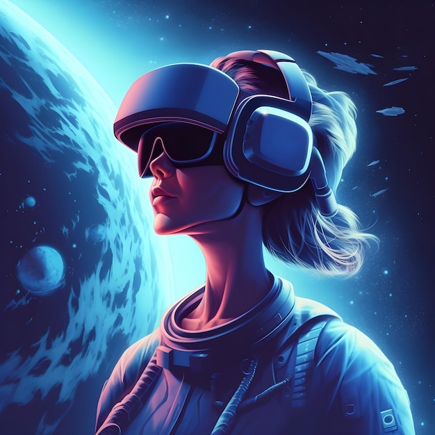 Een vrouw met een virtual reality-headset voor een planeet.