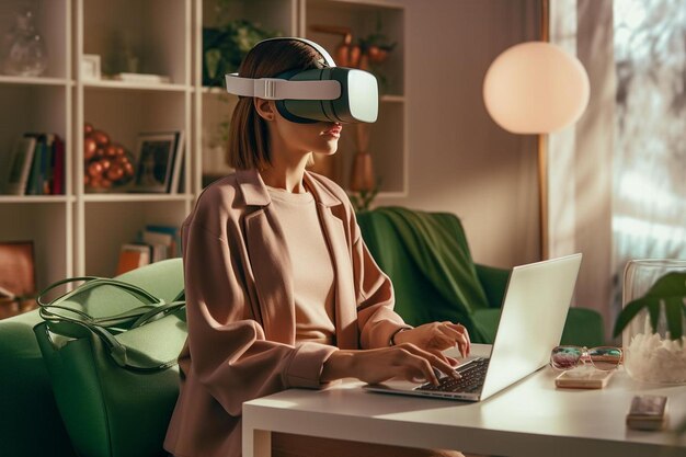 Foto een vrouw met een virtuele realiteitsbril zit aan een tafel met een laptop op haar schoot