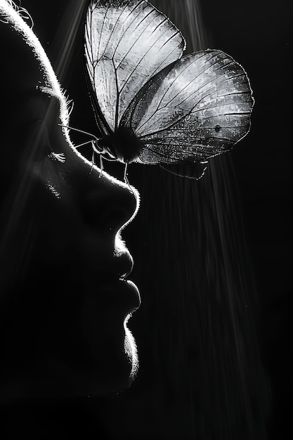 een vrouw met een vlinder op haar hoofd