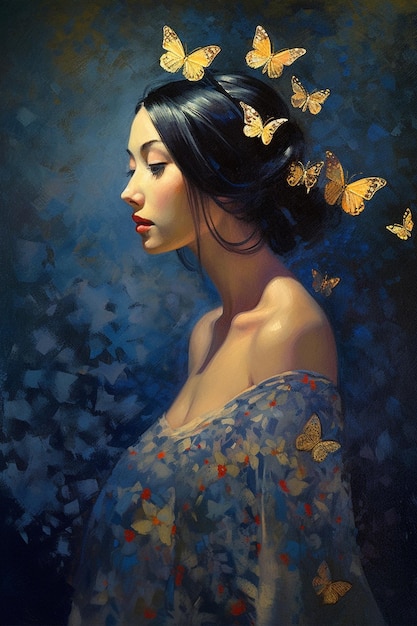 Een vrouw met een vlinder op haar hoofd