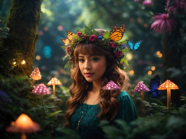 een vrouw met een vlinderkrans op haar hoofd in een bos met paddenstoelen