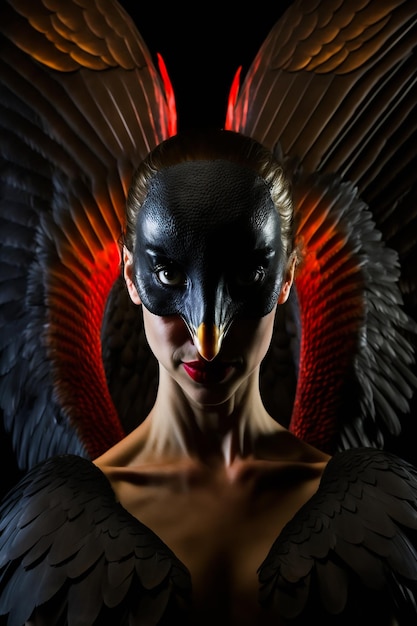 Een vrouw met een vogelgezicht en een rode en zwarte gevederde hoofdtooi.
