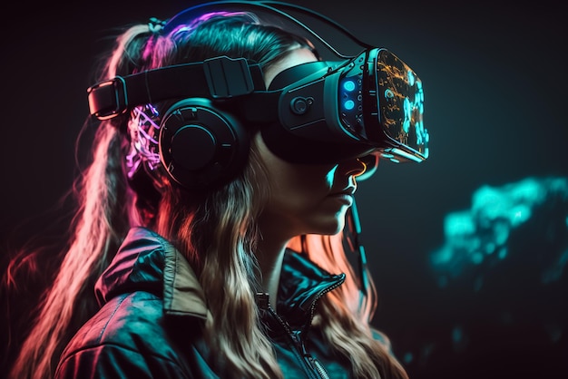 Een vrouw met een vr-headset met een neonlicht achter haar.