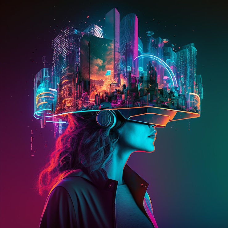 Een vrouw met een vr-headset met een stad erop.