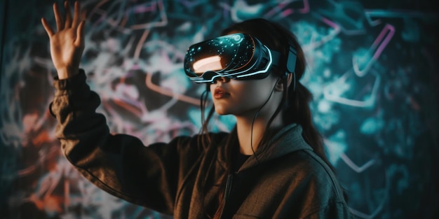 Een vrouw met een vr-headset staat voor een graffitimuur.