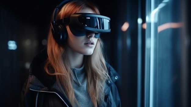 Een vrouw met een vr-headset staat voor een raam.