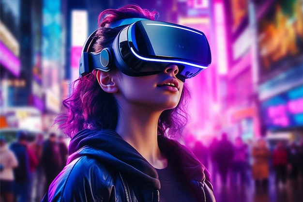 Een vrouw met een vr-headset voor een stadsgezicht