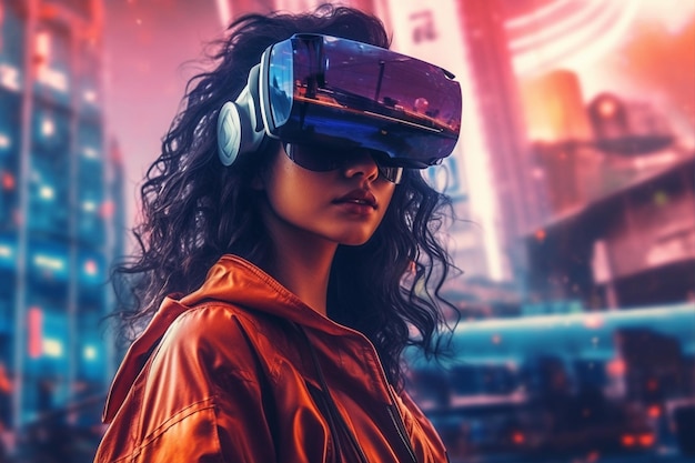 Een vrouw met een vr-headset voor een stadsgezicht