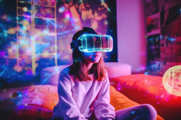 Een vrouw met een vr-headset zit op een bank voor een muur met een neonschilderij van een planeet.