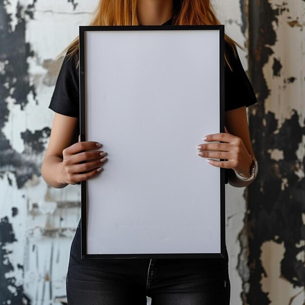 Foto een vrouw met een wit bord voor haar gezicht