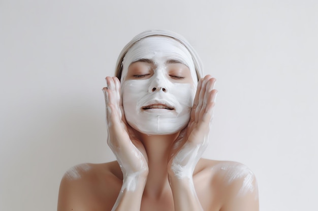 Foto een vrouw met een wit gezichtsmasker op haar gezicht