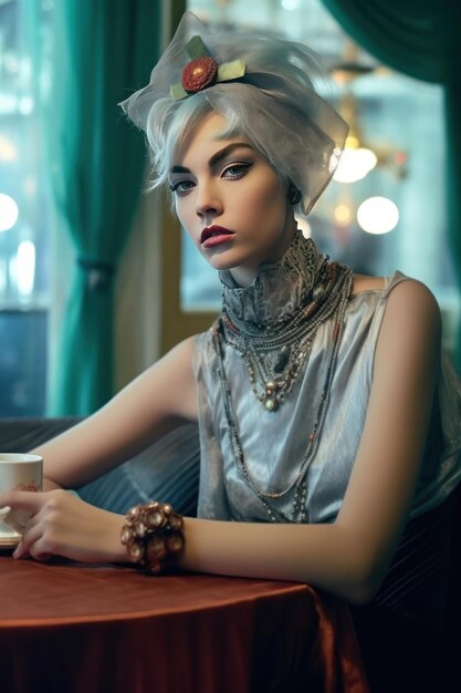 Een vrouw met een wit kapsel zit in een café met een kopje koffie.
