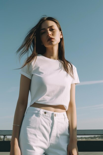 Een vrouw met een wit overhemd en een witte broek staat op een strand.