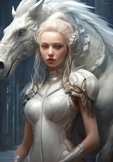 Een vrouw met een wit paard achter haar