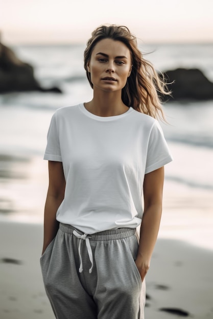 Een vrouw met een wit t-shirt staat op een strand