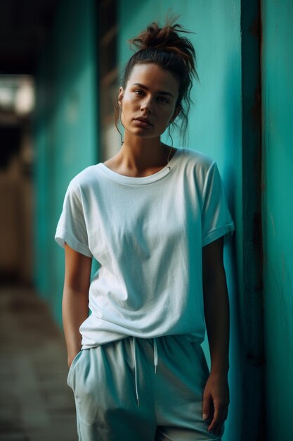 Foto een vrouw met een wit t-shirt staat tegen een muur.