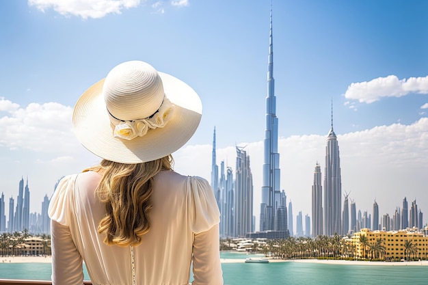 Een vrouw met een witte hoed staat op een balkon voor de skyline van Dubai Downtown