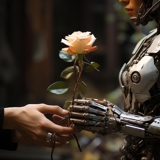 Een vrouw met een witte roos met het woord robot erop.