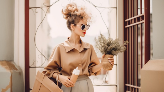 Een vrouw met een zak gedroogde bloemen