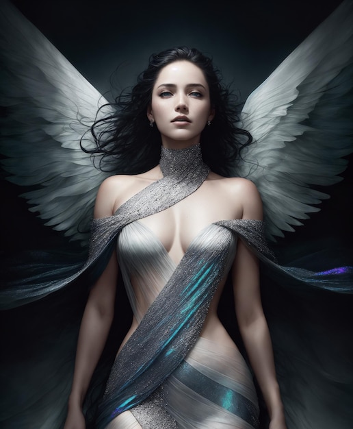 Een vrouw met een zilveren jurk en witte vleugels staat voor een donkere achtergrond.