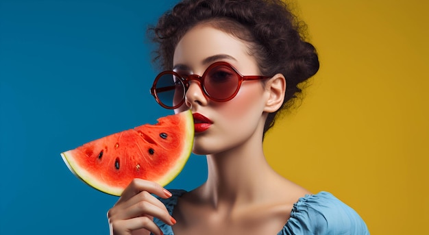 Een vrouw met een zonnebril die een stuk watermeloen vasthoudt