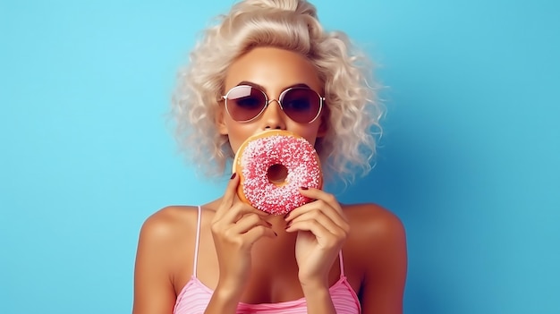 Een vrouw met een zonnebril eet een donut met roze glazuur en roze sprinkles.