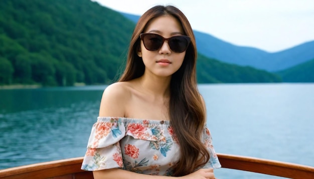 een vrouw met een zonnebril en een bloemrijke jurk zit op een boot