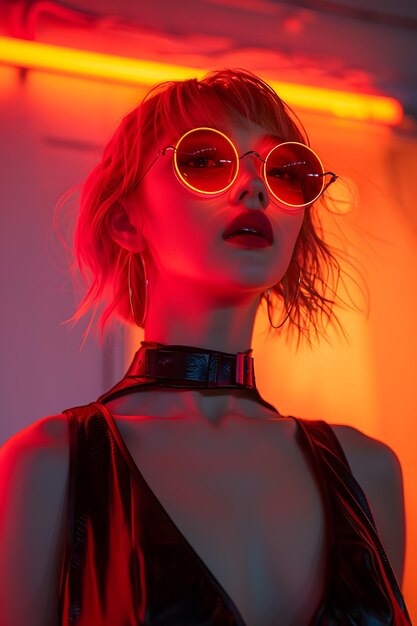 Een vrouw met een zonnebril en een choker poseert voor een neonlicht