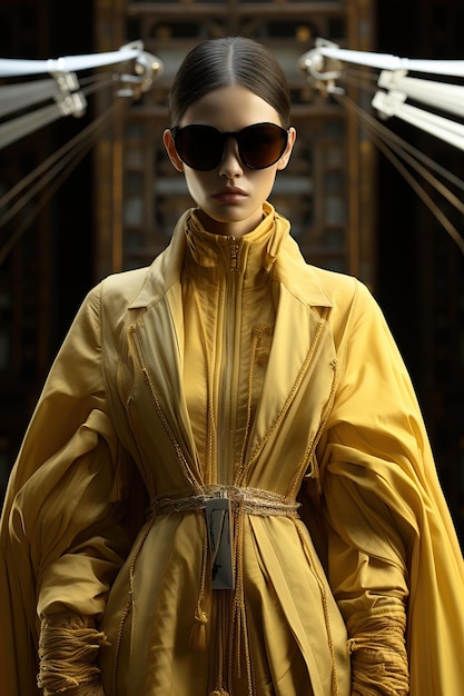 een vrouw met een zonnebril en een gele jas