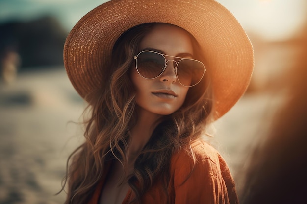 Een vrouw met een zonnebril en een hoed staat op een strand.