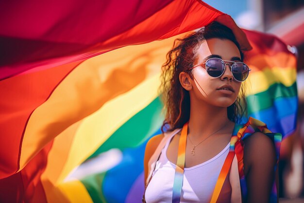 Een vrouw met een zonnebril en een regenboogvlag houdt een regenboogvlag vast.